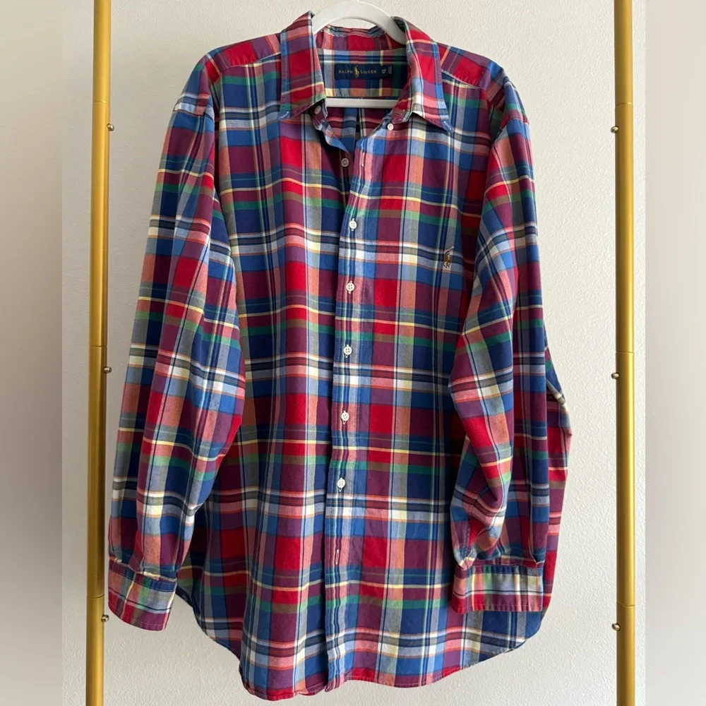 Ralph Lauren Men's Sz 2X Red Blue Plaid Classic Oxford Shirt 100%‎ Cotton